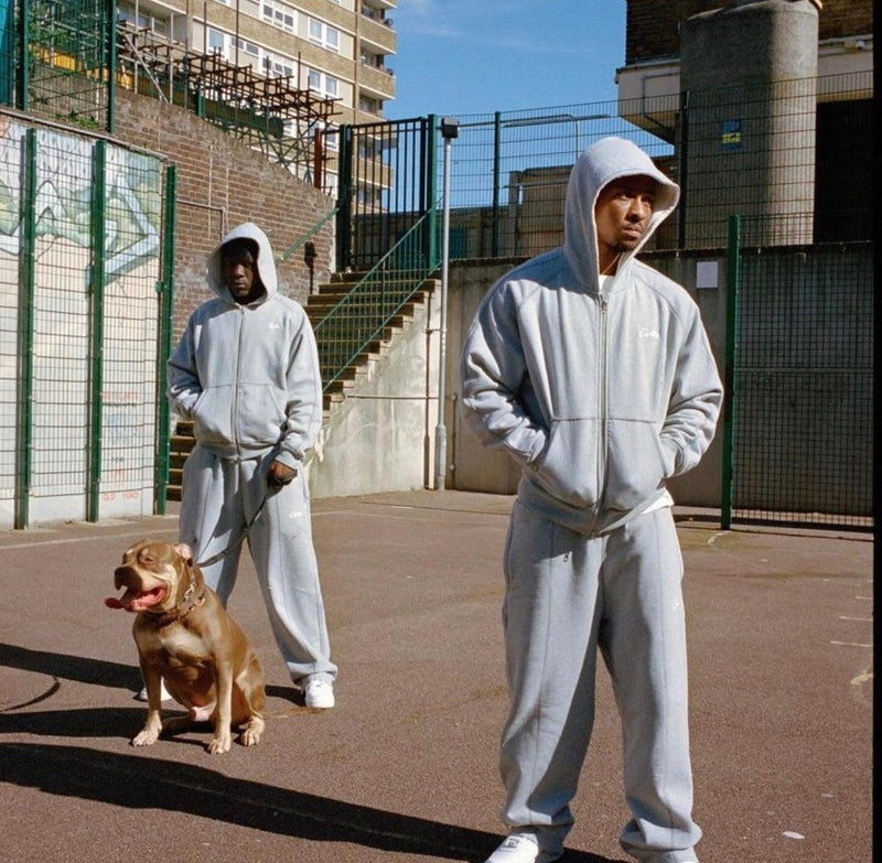Conjunto de Moletom Corteiz HMP Thermal Zip - Cinza Claro